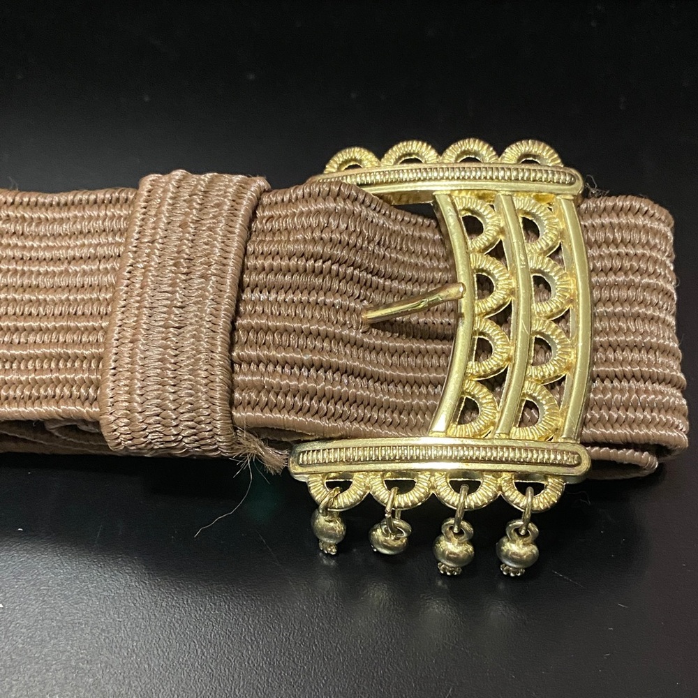 Vintage plus size XL Elegant women’s Gold Buckle stretchy Brown 2 inch wide Belt - Picture 10 of 11